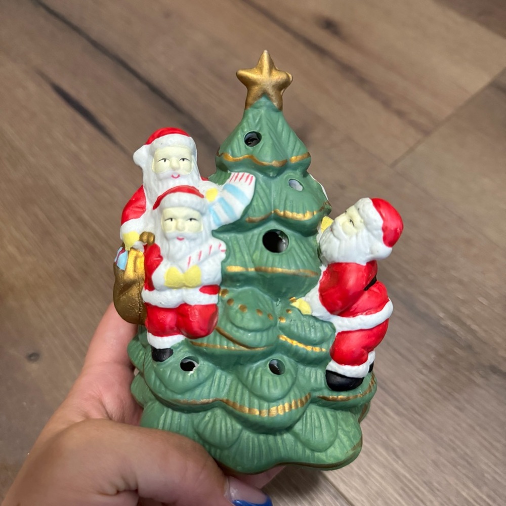 Christmas Decor Santas and Christmas Tree Candle Holder PORCELAIN 1994